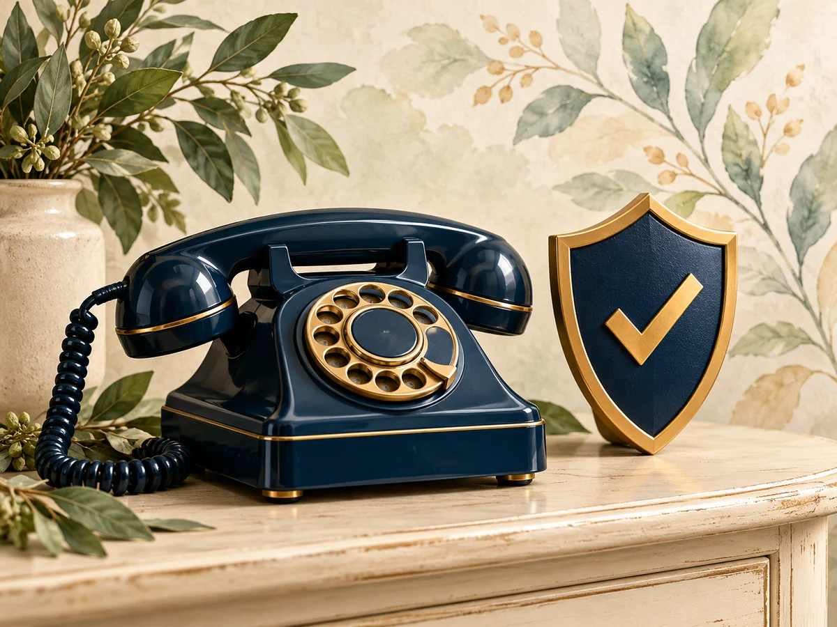 Vintage navy telephone beside a shield with a checkmark