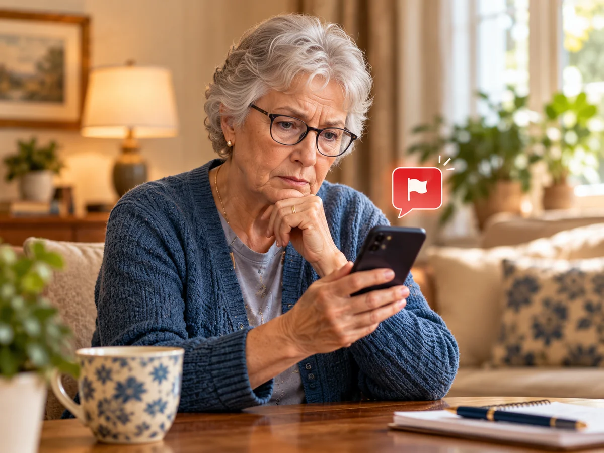 Older woman reviewing a message on her phone