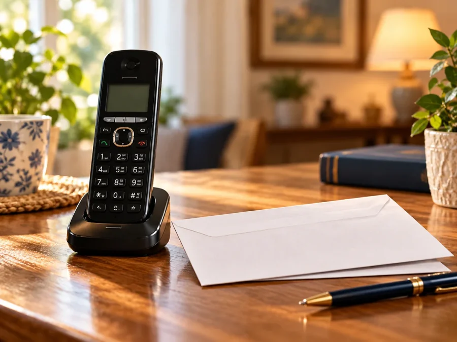 Cordless phone beside an unmarked envelope